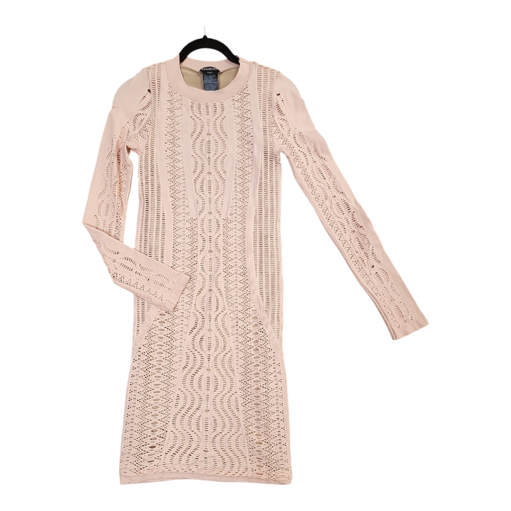 Bebe Midi Mini Dress Y2K Laser Cut Out Long Sleeve SMALL Pink Blush Bodycon
